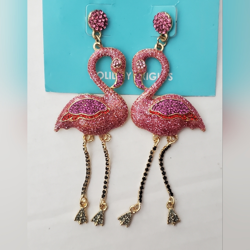 Hildie And Jo Sparkly Flamingo Dangly Pierced Earrings